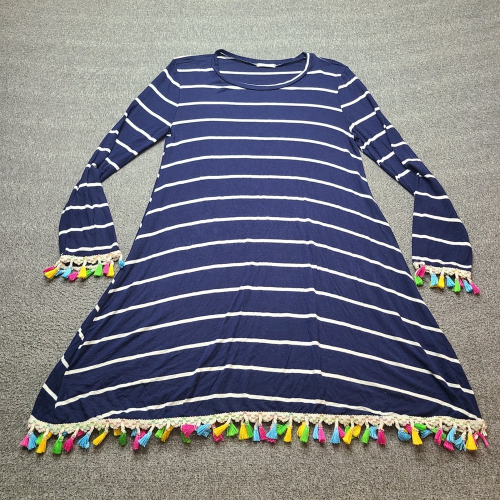 12PM by Mon Ami Striped Tunic Women S Navy White Excellent Tassel Trim Boho